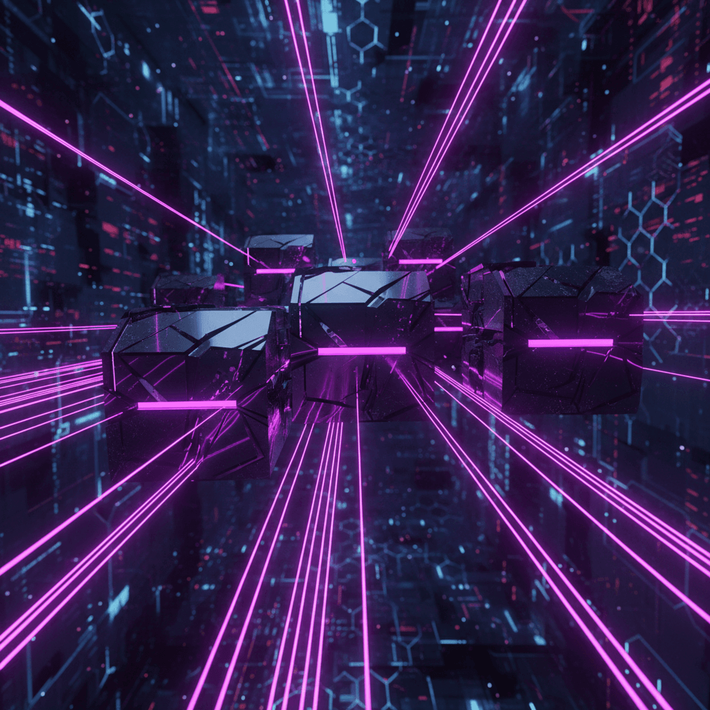 Modular blocks travelling down a lit data corridor