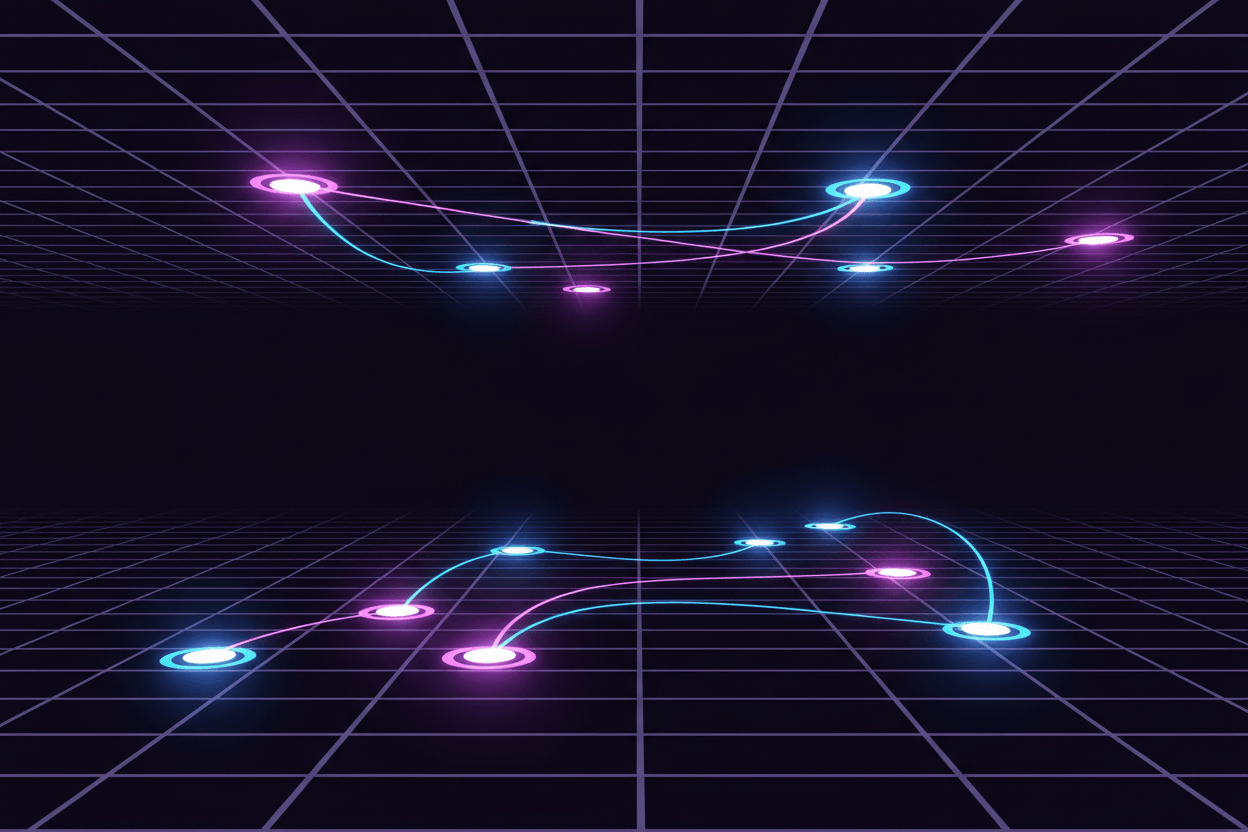 Lit nodes linked across a receding grid, representing modules deployed in isolation