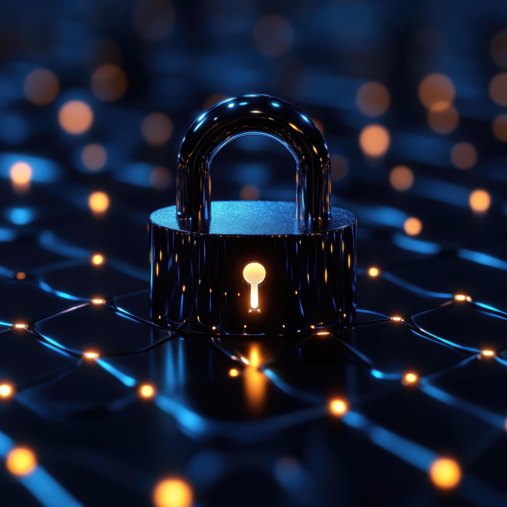 A padlock resting on an illuminated circuit board