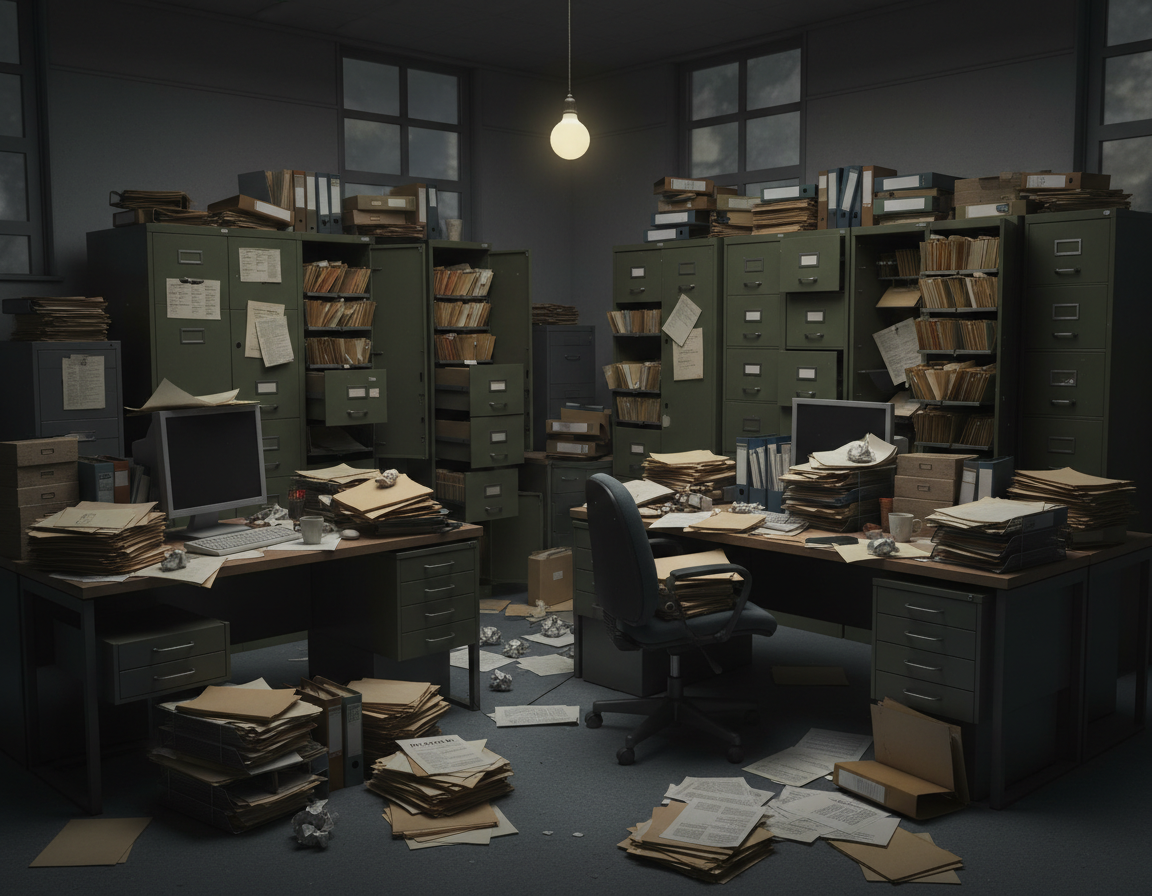 Paper policy files and spreadsheets that preceded the InfoIns rollout