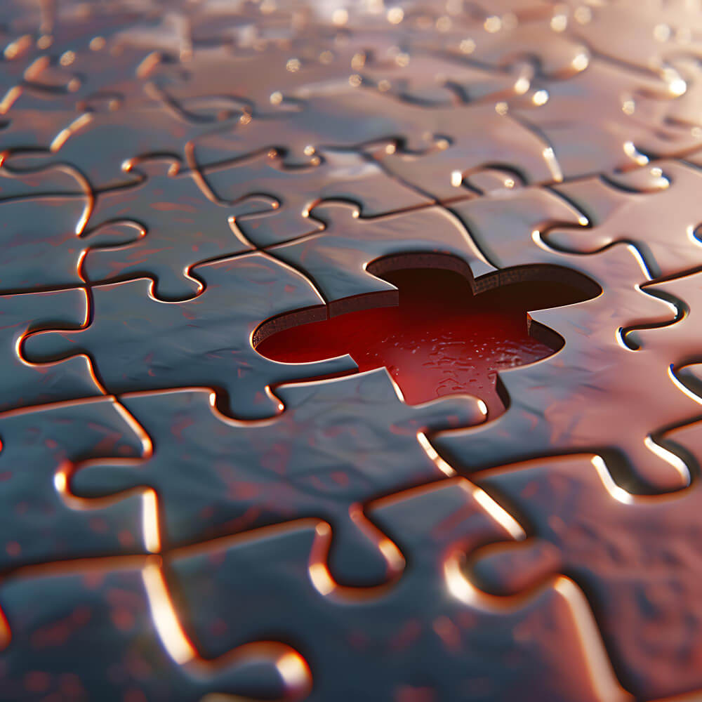 A jigsaw with one piece missing, lit red beneath the gap