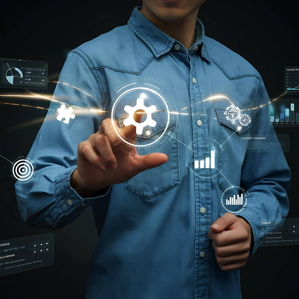 An engineer reaching toward a projected settings interface